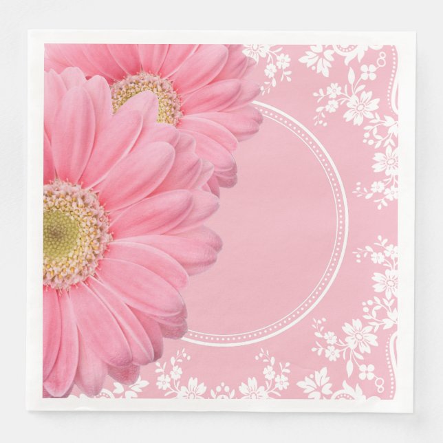 Pink Daisies & White Lace Party Wedding Reception Paper Dinner Napkins (Front)