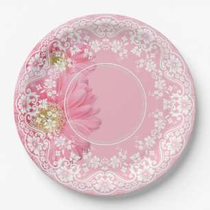 Pink Daisies & White Lace Party Wedding Reception Paper Plates