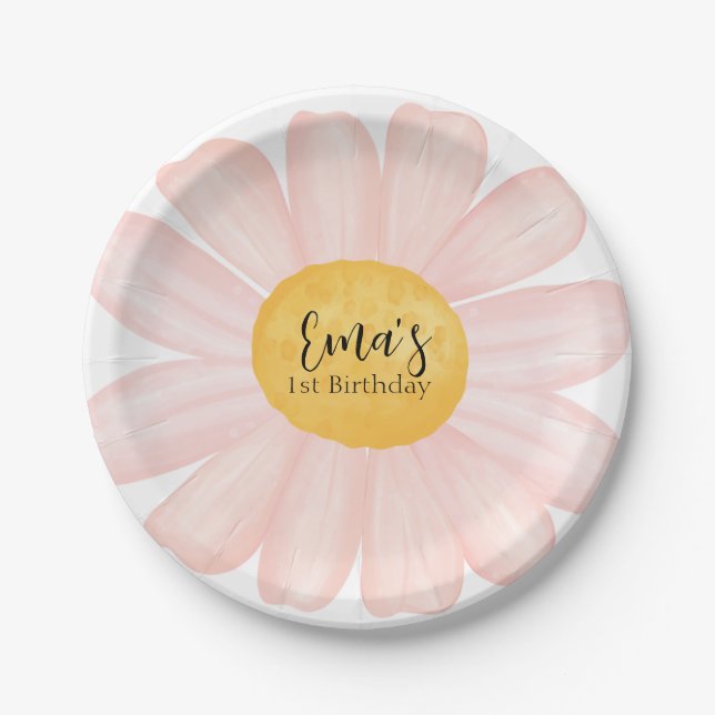 Pink Daisy 1st Birthday Party   Paper Plates (Front)