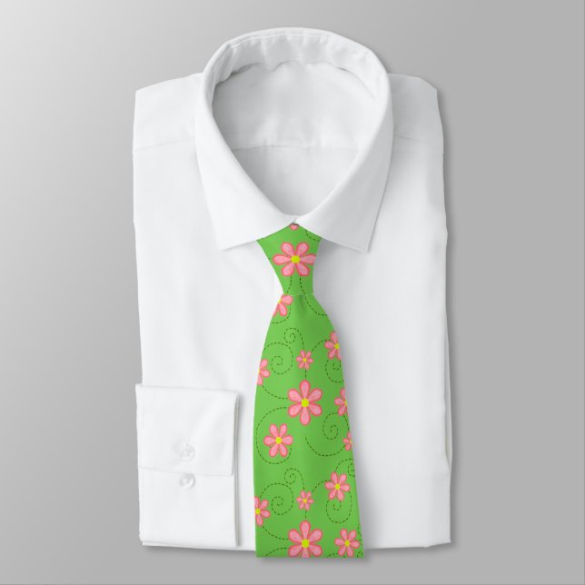Pink Daisy and Bug Trail Pattern On Bright Green Neck Tie (Tied)