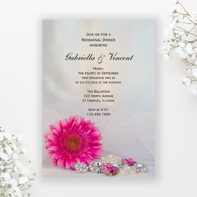 Pink Daisy and Buttons Wedding Rehearsal Dinner Invitation (Creator Uploaded)