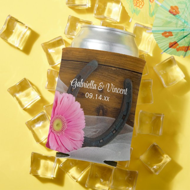 Pink Daisy and Horseshoe Country Wedding Favor Can Cooler (In Situ Summer)