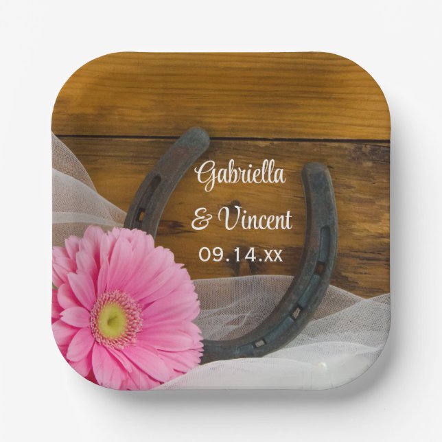 Pink Daisy and Horseshoe Country Wedding Paper Plates (Front)