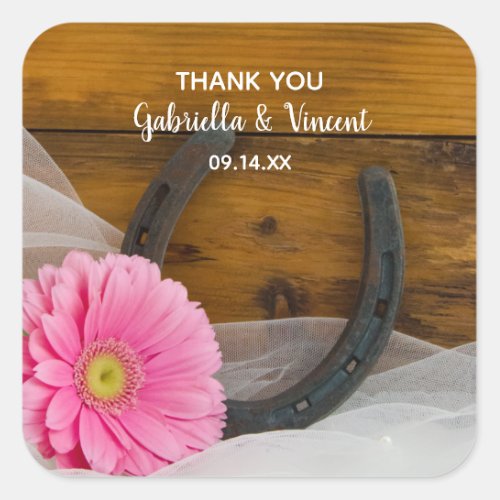 Pink Daisy and Horseshoe Country Wedding Thank You Square Sticker