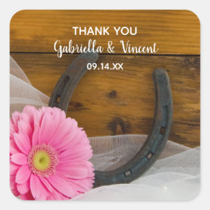 Pink Daisy and Horseshoe Country Wedding Thank You Square Sticker