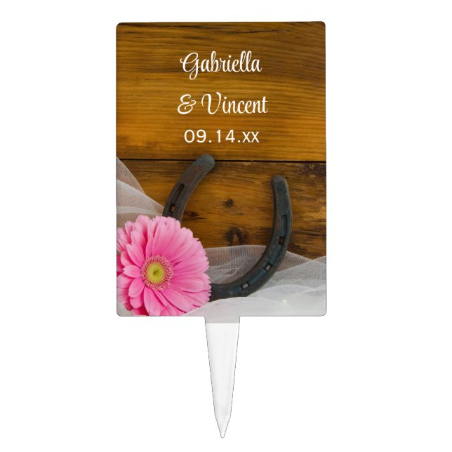 Pink Daisy and Horseshoe Country Western Wedding Cake Topper (Front)