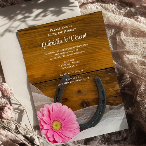 Pink Daisy and Horseshoe Country Wedding Invite