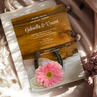 Pink Daisy and Horseshoe Country Western Wedding Invitation
