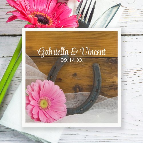 Pink Daisy and Horseshoe Country Western Wedding Napkins