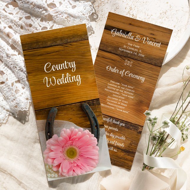 Pink Daisy and Horseshoe Country Western Wedding  Program (Creator Uploaded)