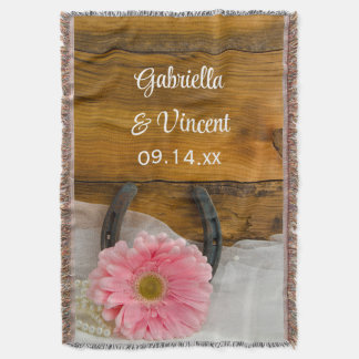Pink Daisy and Horseshoe Country Western Wedding Throw Blanket