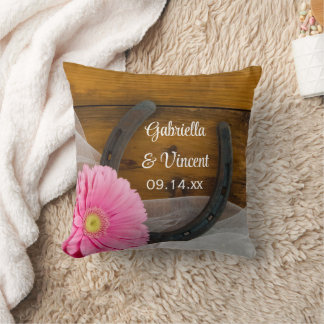Pink Daisy and Horseshoe Country Western Wedding Throw Pillow