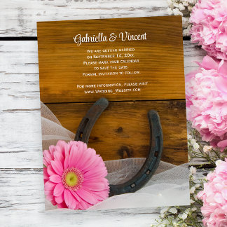 Pink Daisy and Horseshoe Wedding Save the Date Magnetic Invitation