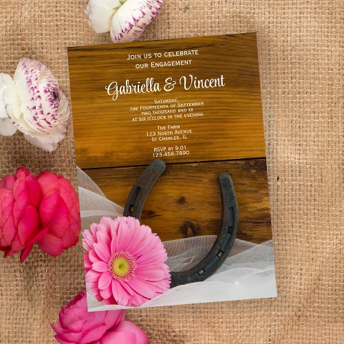 Pink Daisy and Horseshoe Western Engagement Party Invitation