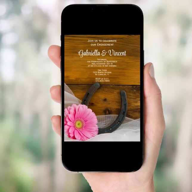 Pink Daisy and Horseshoe Western Engagement Party Invitation (Front Digital)