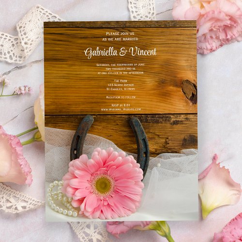 Pink Daisy and Horseshoe Western Wedding Magnetic Invitation