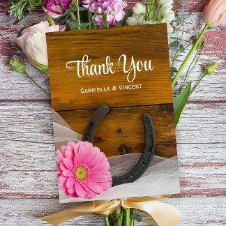 Pink Daisy and Horseshoe Western Wedding Thank You