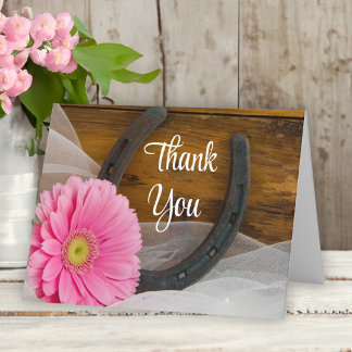 Pink Daisy and Horseshoe Western Wedding Thank You Card