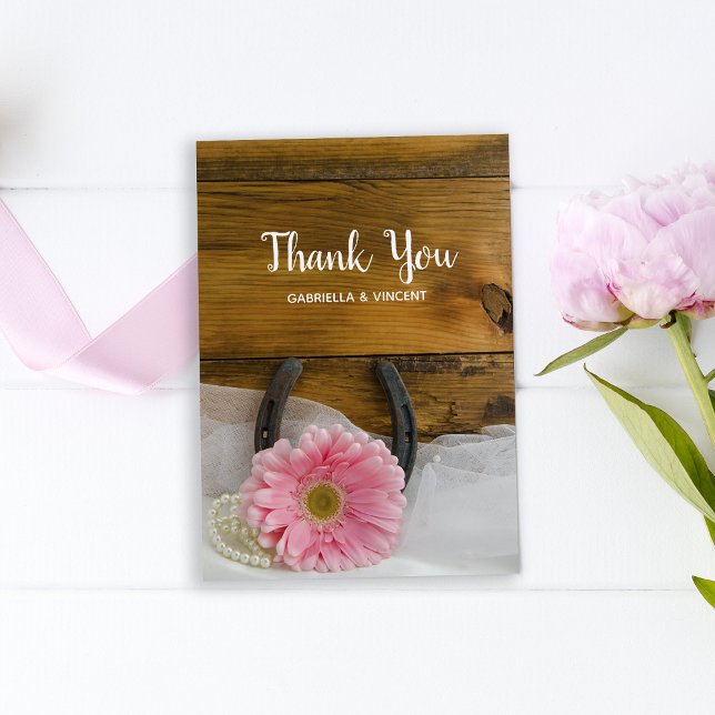 Pink Daisy and Horseshoe Western Wedding Thank You Card (Creator Uploaded)
