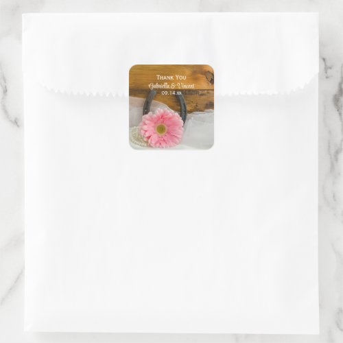 Pink Daisy and Horseshoe Western Wedding Thank You Square Sticker