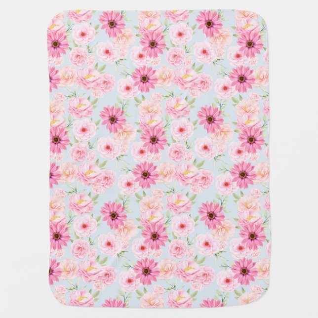 Pink Daisy and Roses Baby Blanket (Front)