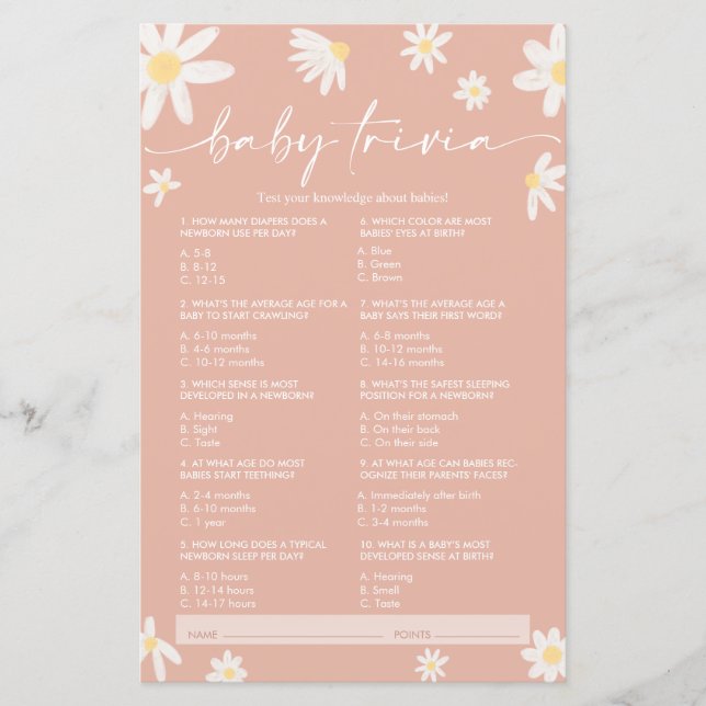 Pink Daisy Baby Trivia, Baby Shower Game (Front)