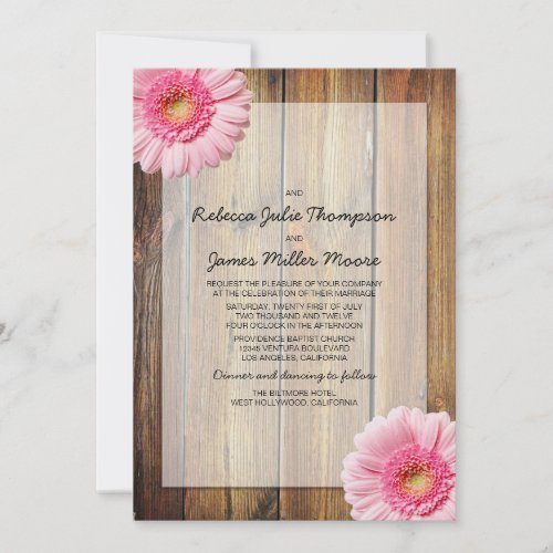 Pink Daisy Barn Wood Wedding Invitation