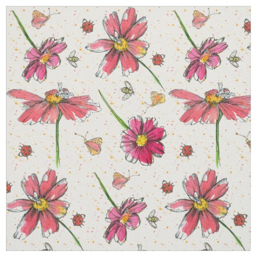 Pink Daisy Bees Ladybugs Fabric