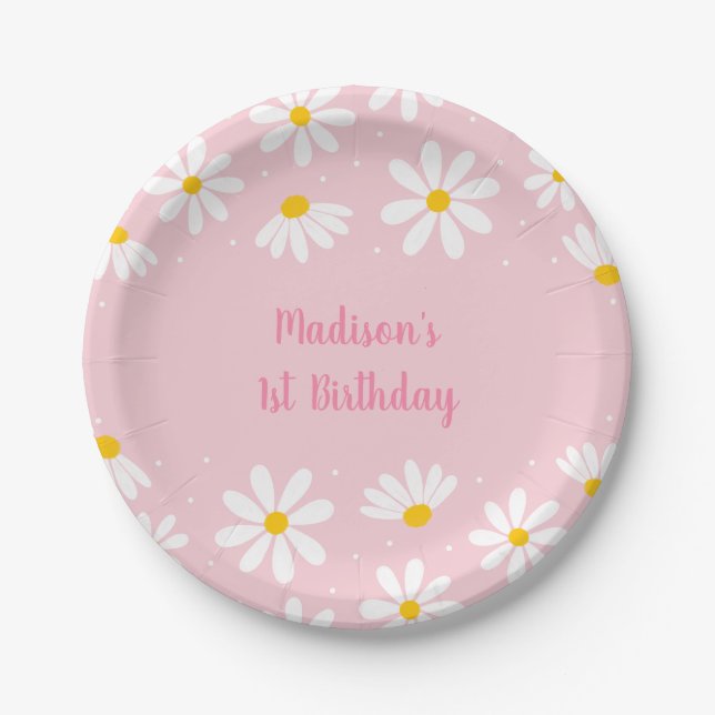 Pink Daisy Birthday Paper Plates (Front)