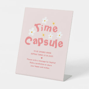 Pink Daisy Birthday Party Time Capsule Pedestal Sign