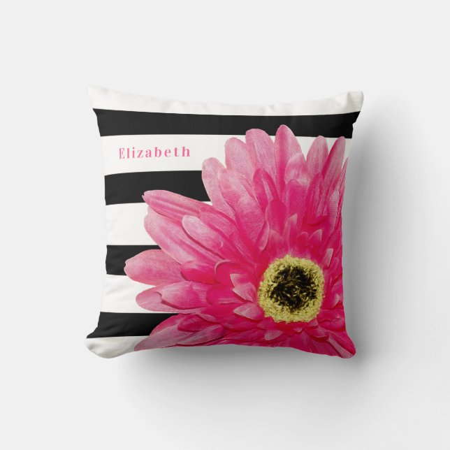 Pink Daisy Black Stripe Name Throw Pillow (Front)
