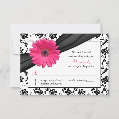 Pink Daisy Black White Floral Damask Wedding RSVP