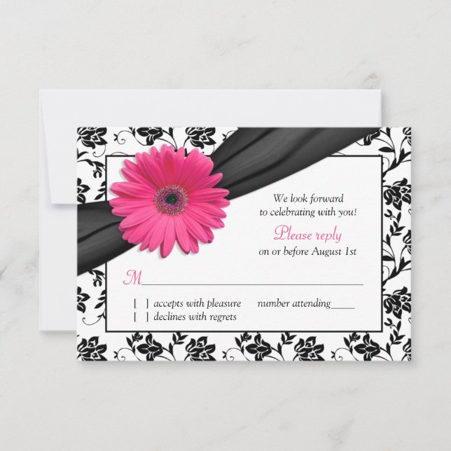 Pink Daisy Black White Floral Damask Wedding RSVP Card (Front)