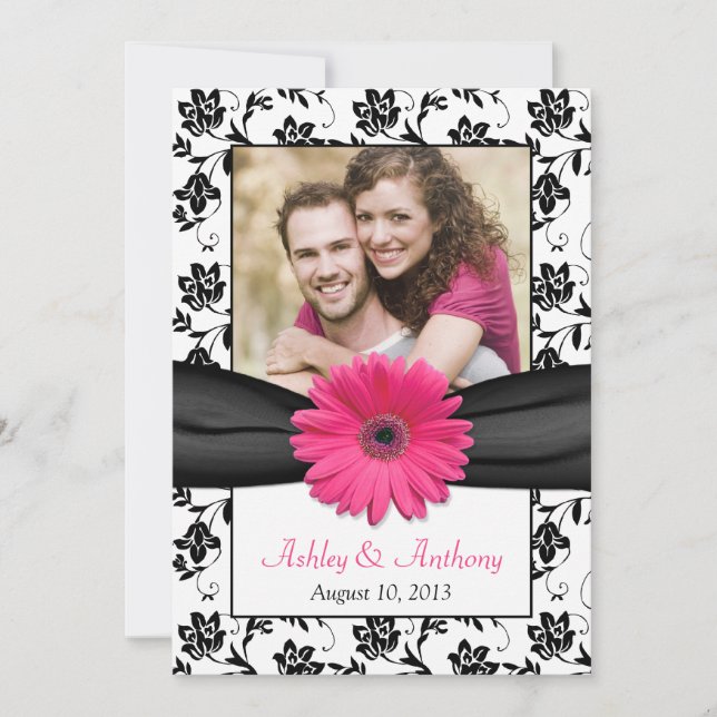 Pink Daisy Black White Floral Photo Save the Date (Front)