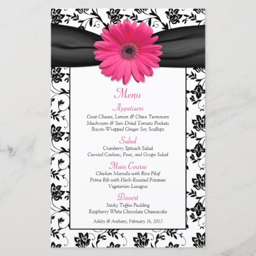 Pink Daisy Black White Floral Wedding Menu Card