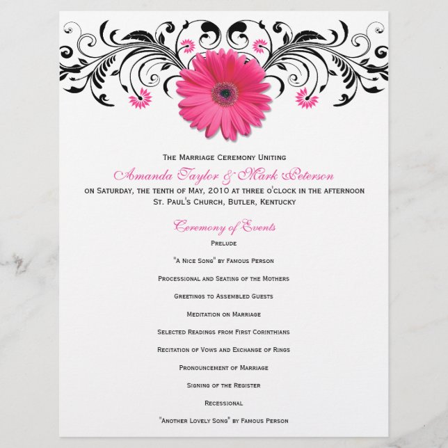 Pink Daisy Black White Floral Wedding Program (Front)