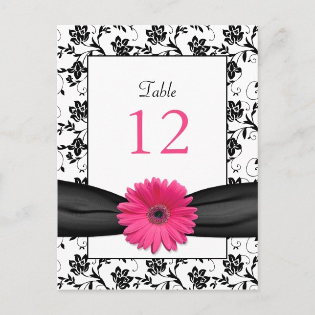 Pink Daisy Black White Floral Wedding Table Card (Front)