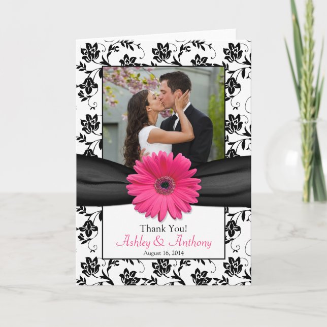 Pink Daisy Black White Floral Wedding Thank You Card (Front)