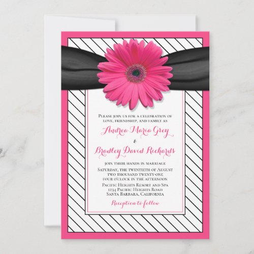 Pink Daisy Black White Pinstripe Wedding Invitation