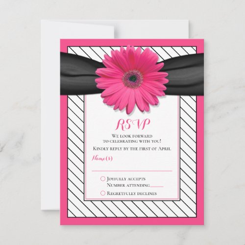 Pink Daisy Black White Pinstripe Wedding RSVP Card