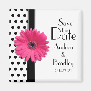 Pink Daisy Black White Polka Dot Save the Date Magnet
