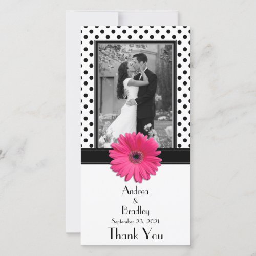 Pink Daisy Black White Polka Dot Wedding Photocard Thank You Card