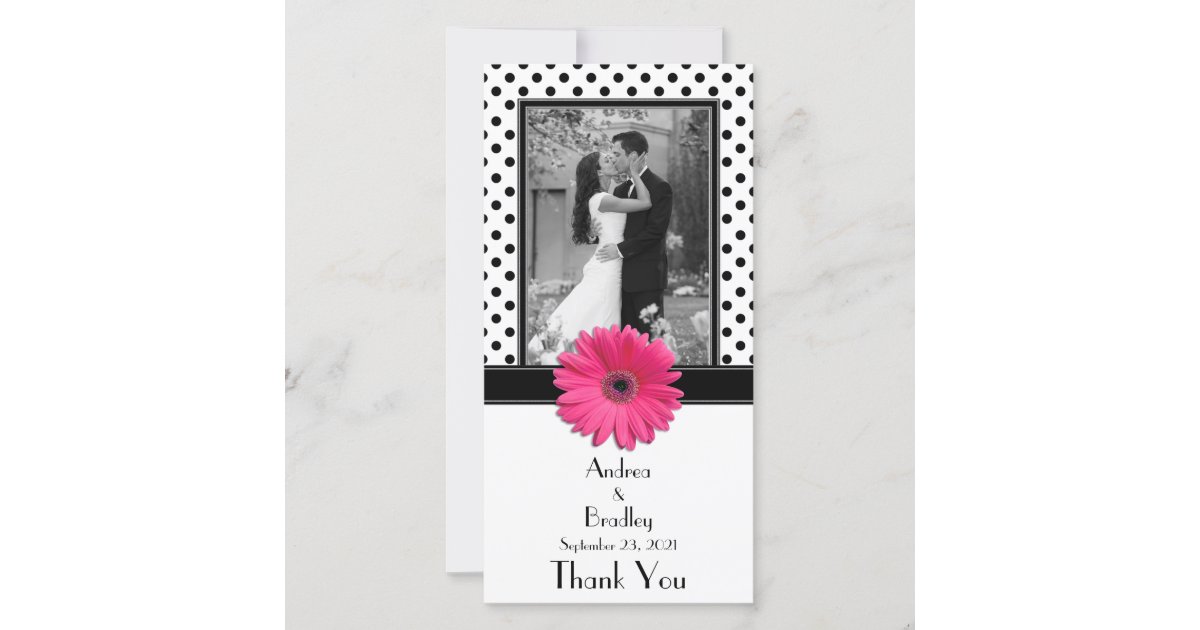 Pink Daisy Black White Polka Dot Wedding Photocard Thank You Card | Zazzle