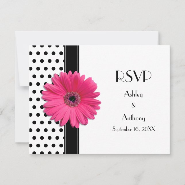 Pink Daisy Black White Polka Dot Wedding RSVP Card (Front)