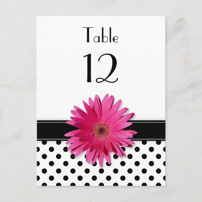 Pink Daisy Black White Polka Dot Wedding Table Postcard (Front)