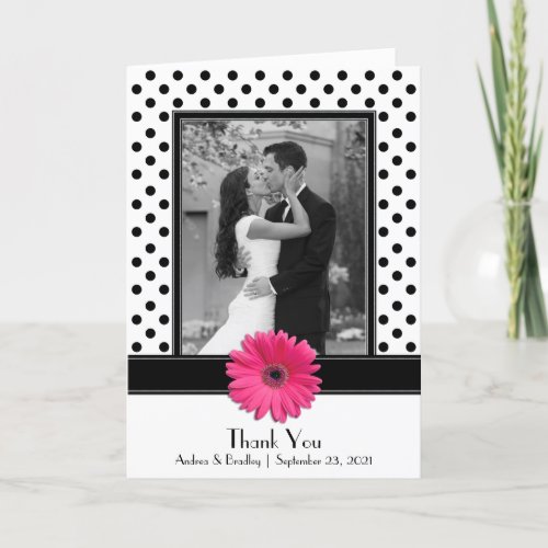 Pink Daisy Black White Polka Dot Wedding Thank You