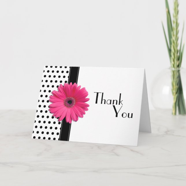 Pink Daisy Black White Polka Dot Wedding Thank You Card (Front)