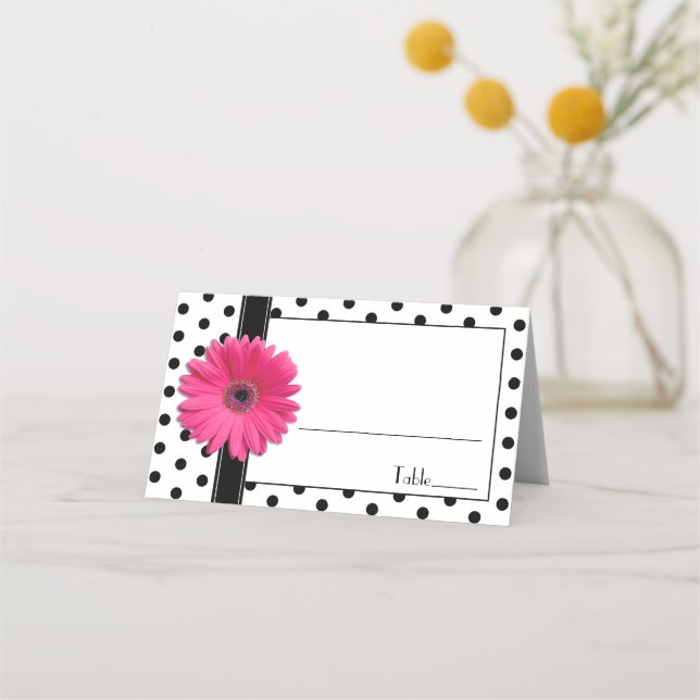 Pink Daisy Black White Polka Dots Wedding Place Card (Front)