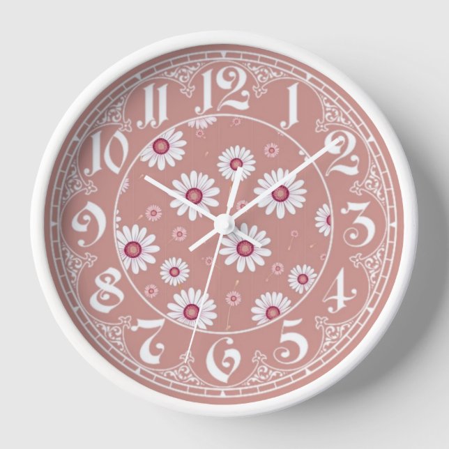 Pink Daisy Blooms: Minimalist Floral Pattern Clock (Front)