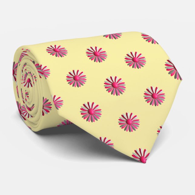 Pink Daisy Blossons Flowers Butter Yellow Trendy Neck Tie (Rolled)